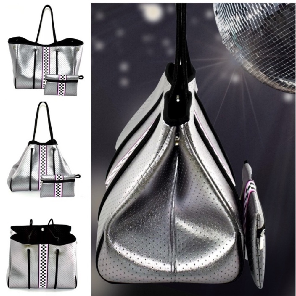 Neoprene Racer Tote Bag Prix Hot Pink or Titanium Disco racing checks waterproof - Picture 12 of 16